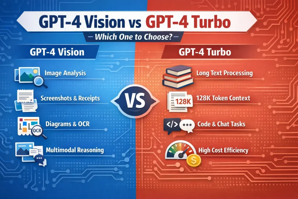 Infographic comparing GPT-4 Vision and GPT-4 Turbo: Vision excels at images, screenshots, and diagrams; Turbo excels at long text, large context, and cost-efficient processing."