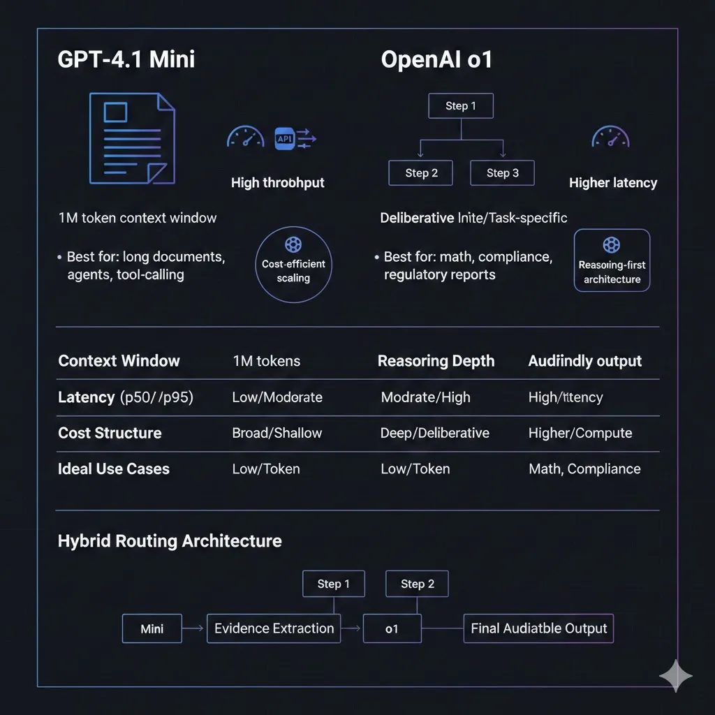 Infographic comparing GPT-4.1 Mini vs OpenAI o1 in 2026, highlighting 1M token context window, latency differences, reasoning depth, cost structure, and hybrid routing architecture for engineers