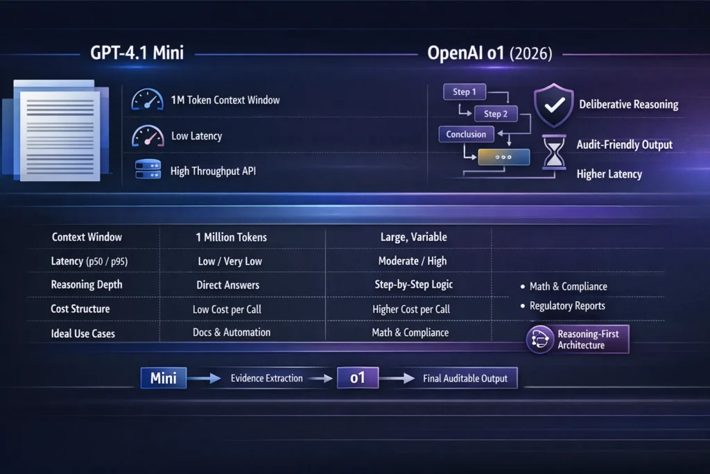 Infographic comparing GPT-4.1 Mini vs OpenAI o1 in 2026, highlighting 1M token context window, latency differences, reasoning depth, cost structure, and hybrid routing architecture for engineers