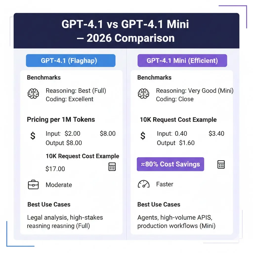 GPT-4.1 vs GPT-4.1 Mini infographic comparing benchmarks, 1M token context, pricing per million tokens, latency, and real-world cost savings for 10,000 API requests.