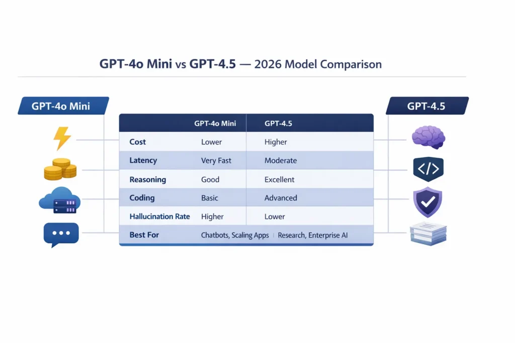 GPT-4o Mini vs GPT-4.5 comparison infographic showing differences in cost, latency, reasoning, coding performance, and best use cases in 2026.