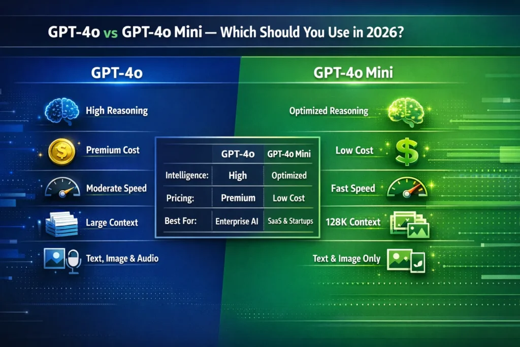 GPT-4o vs GPT-4o Mini comparison infographic showing pricing, speed, reasoning power, multimodal capabilities, and best use cases for developers and startups in 2026.