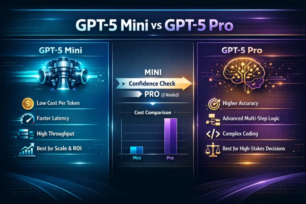 GPT-5 Mini vs GPT-5 Pro infographic comparing cost per token, benchmark reasoning performance, latency speed, throughput scalability, and hybrid routing strategy for production AI systems in 2026.