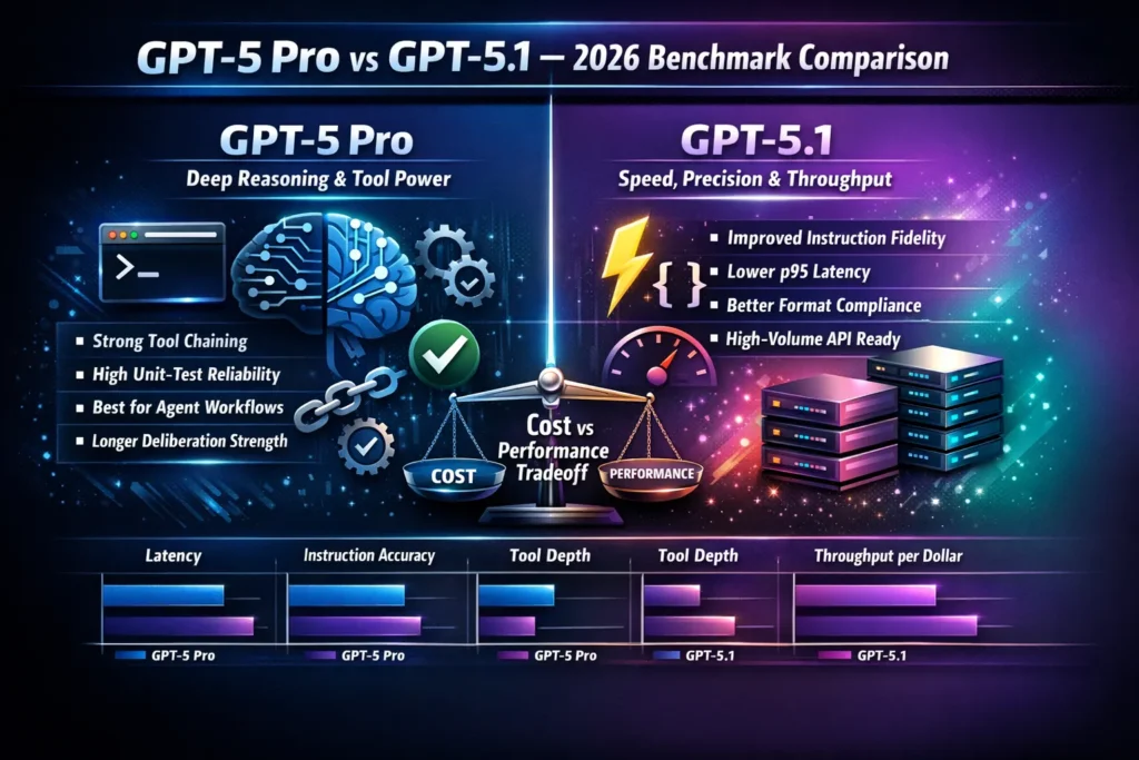 GPT-5 Pro vs GPT-5.1 infographic comparing benchmarks, latency, instruction fidelity, tool chaining strength, and cost efficiency in 2026.