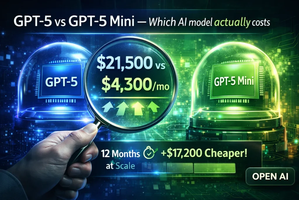 GPT-5 vs GPT-5 Mini 2026 infographic comparing accuracy, pricing per token, latency, benchmarks, and production use cases.