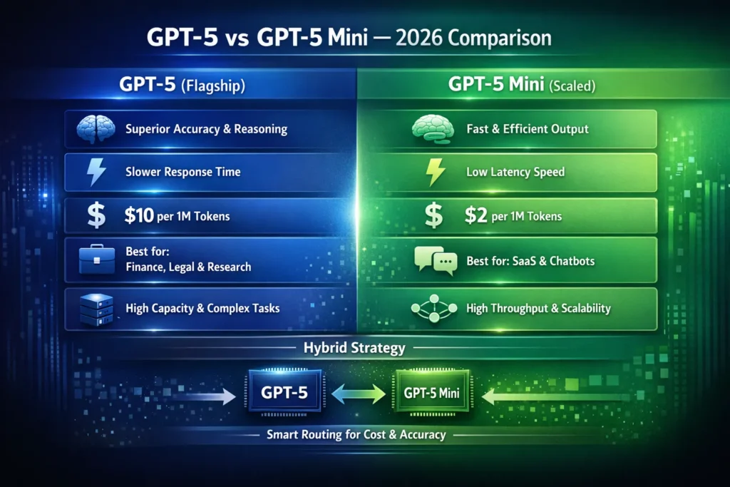 GPT-5 vs GPT-5 Mini 2026 infographic comparing accuracy, pricing per token, latency, benchmarks, and production use cases.