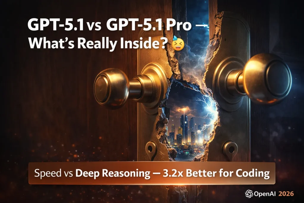GPT-5.1 vs GPT-5.1 Pro infographic comparing latency, reasoning depth, cost per token, context window stability, and enterprise AI use cases.