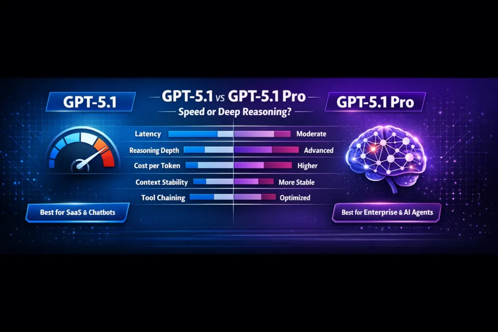GPT-5.1 vs GPT-5.1 Pro infographic comparing latency, reasoning depth, cost per token, context window stability, and enterprise AI use cases.