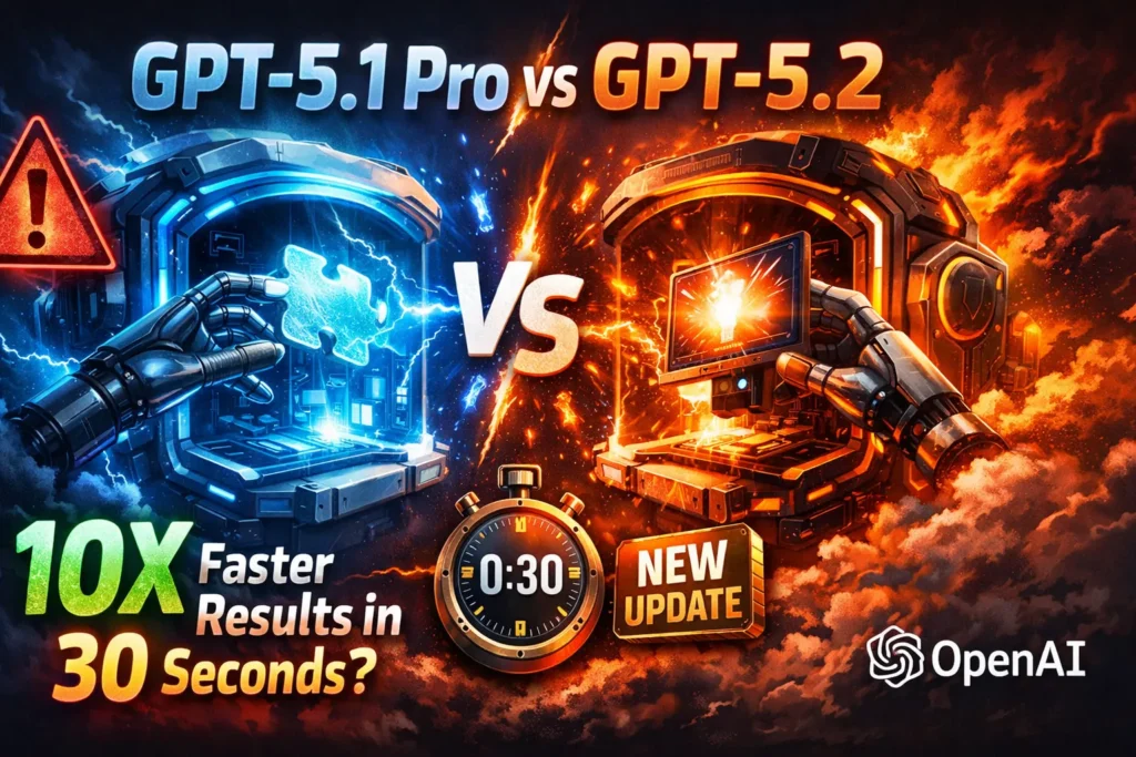 Side-by-side infographic comparing GPT‑5.1 Pro and GPT‑5.2 in 2026. Shows use cases, benchmark scores, pros and cons, and pricing overview for AI models, highlighting GPT‑5.2’s strengths in multi-step reasoning and GPT‑5.1 Pro’s cost-efficiency for simple tasks.