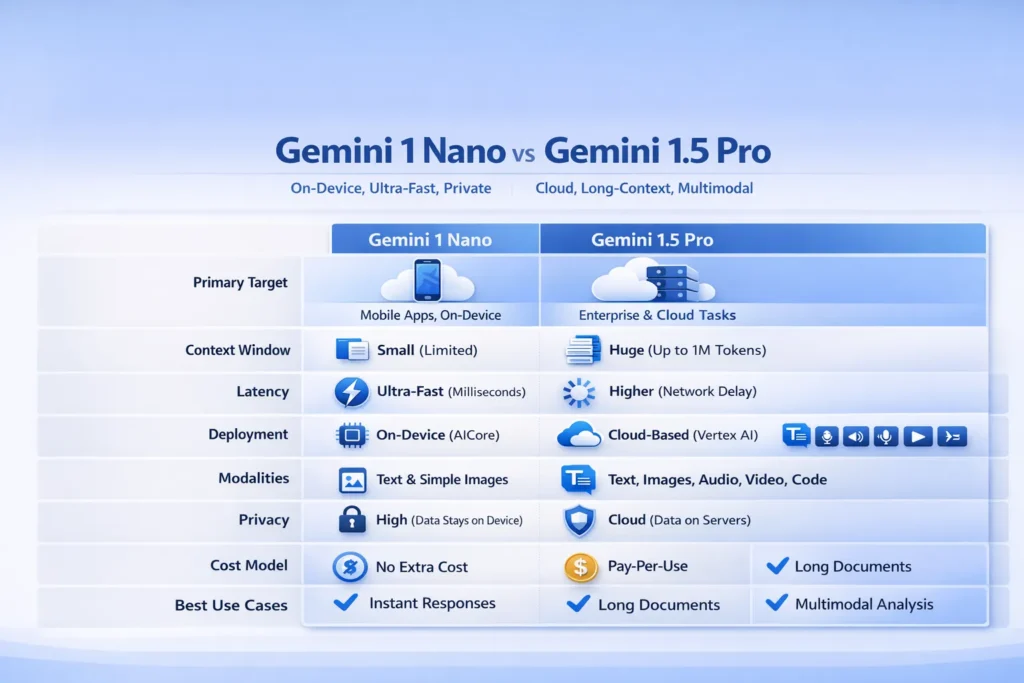 "Infographic comparing Gemini 1 Nano and Gemini 1.5 Pro AI models showing differences in latency, context window, deployment, modalities, privacy, cost, and best use cases."