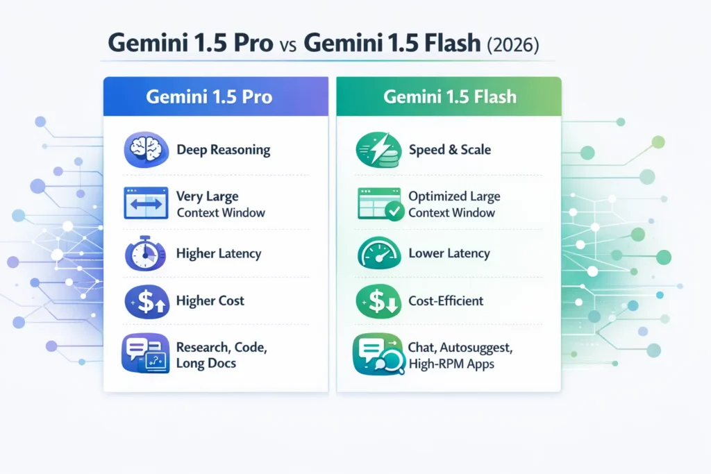 Gemini 1.5 Pro vs Gemini 1.5 Flash infographic showing speed, cost, accuracy, and use cases
