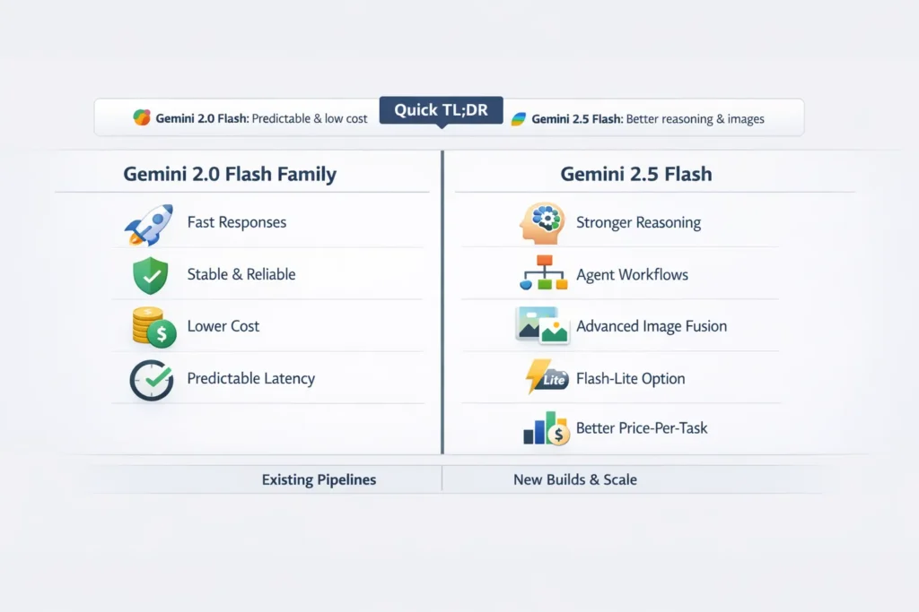 Infographic comparing Gemini 2.0 Flash family and Gemini 2.5 Flash in 2026, highlighting differences in reasoning, latency, image capabilities, Flash-Lite, pricing efficiency, and best use cases.