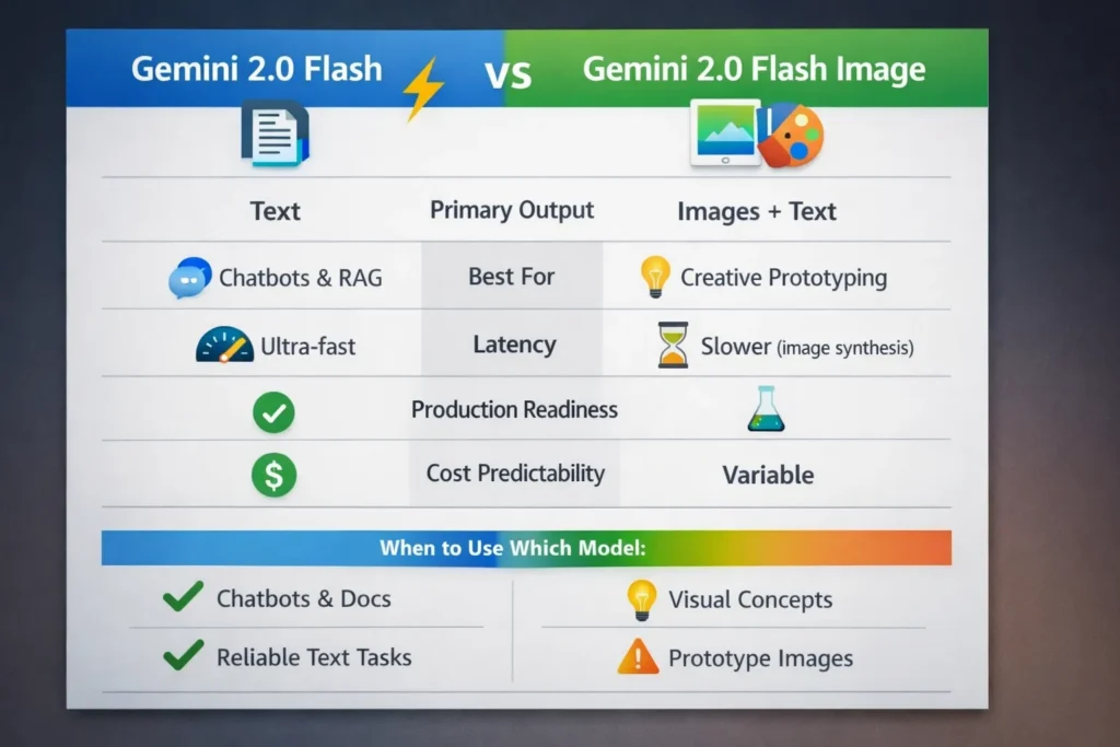 Gemini 2.0 Flash vs Gemini 2.0 Flash Image infographic comparing text-first AI model and image generation model, highlighting use cases, performance, latency, and production readiness in 2026.