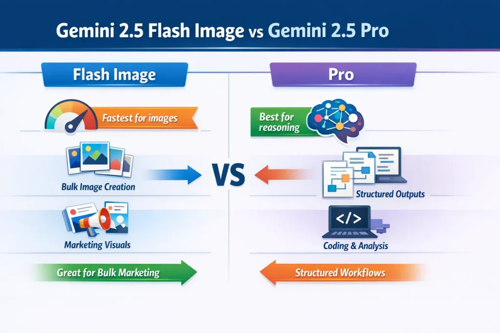 Infographic comparing Gemini 2.5 Flash Image and Gemini 2.5 Pro, showing Flash Image as ideal for fast image generation and bulk marketing visuals, and Pro as ideal for deep reasoning, structured outputs, and coding support.
