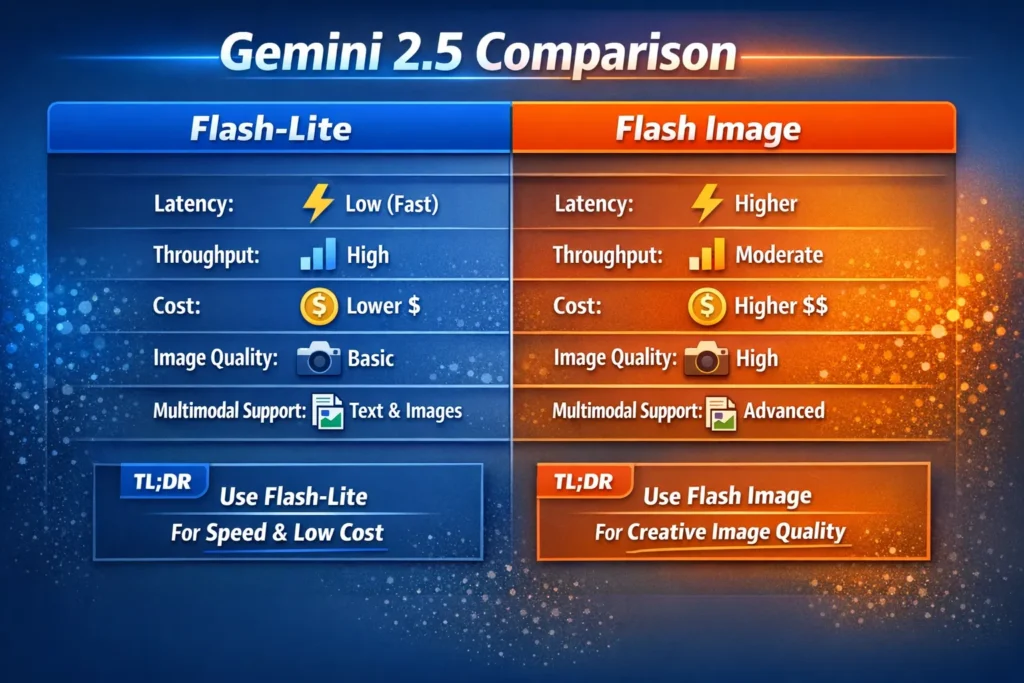 Infographic comparing Gemini 2.5 Flash-Lite vs Gemini 2.5 Flash Image, showing differences in latency, throughput, cost, image quality, and multimodal support, with visual icons and clear recommendations for use.