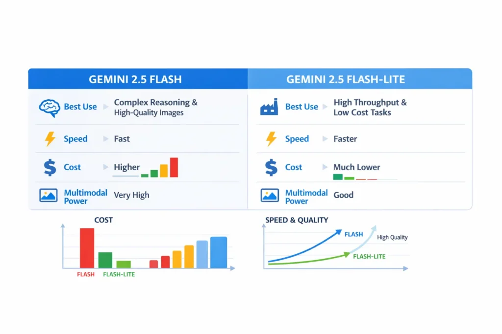 “Infographic comparing Gemini 2.5 Flash and Flash-Lite: Flash for high-quality reasoning and images, Flash-Lite for speed and low-cost high-volume tasks.
