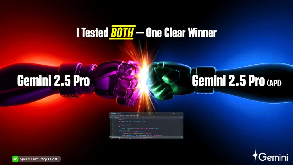 Infographic comparing Gemini 2.5 Pro Studio/Web vs API: highlights long-context 1M token support, function calling, streaming, observability, cost control, deployment, and recommended use cases for developers and teams.