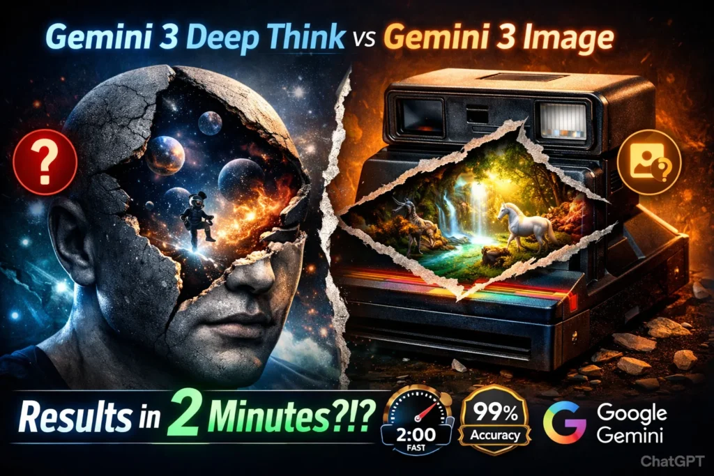 Gemini 3 Deep Think vs Gemini 3 Image infographic comparing reasoning accuracy, image fidelity, cost trade-offs, latency, and hybrid workflow in 2026.