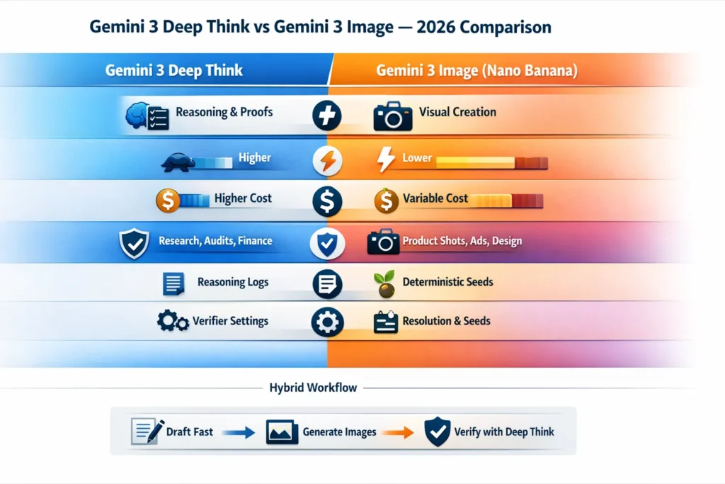 Gemini 3 Deep Think vs Gemini 3 Image infographic comparing reasoning accuracy, image fidelity, cost trade-offs, latency, and hybrid workflow in 2026.