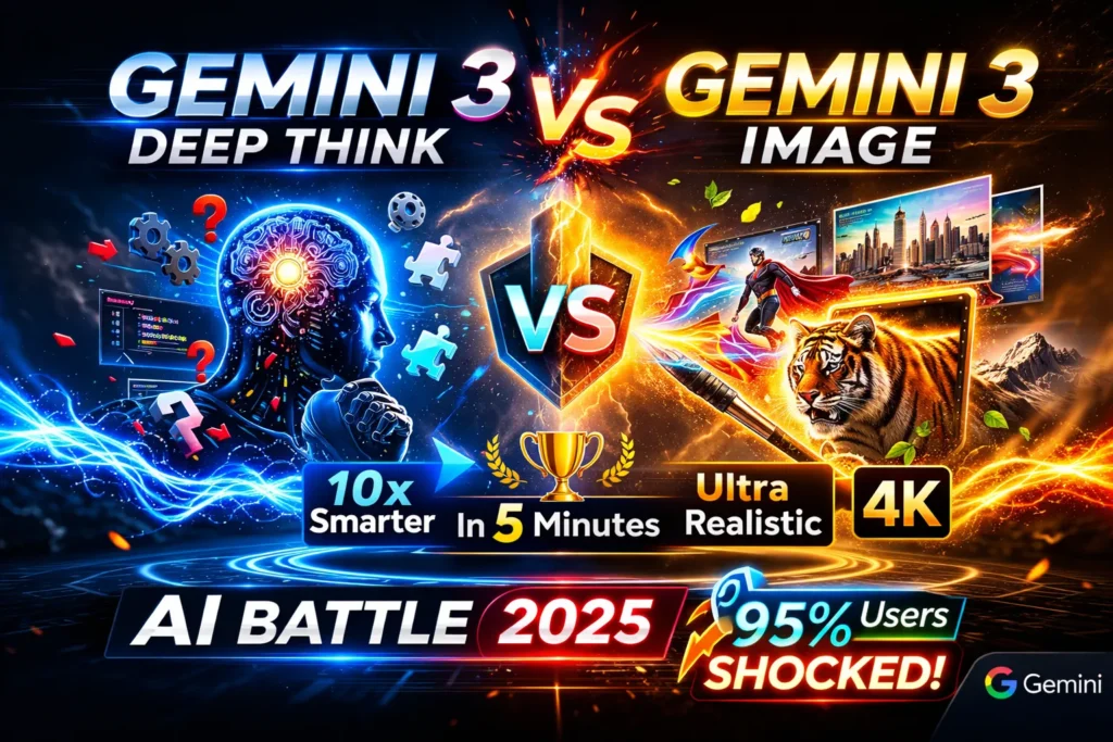 Gemini 3 Deep Think vs Gemini 3 Image infographic comparing reasoning accuracy, image fidelity, cost trade-offs, latency, and hybrid workflow in 2026.