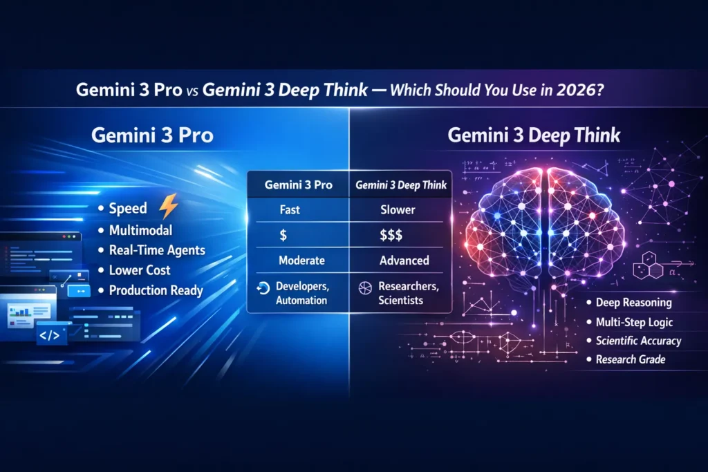 Gemini 3 Pro vs Gemini 3 Deep Think infographic comparing speed, cost, reasoning depth, and best use cases for developers and researchers in 2026.