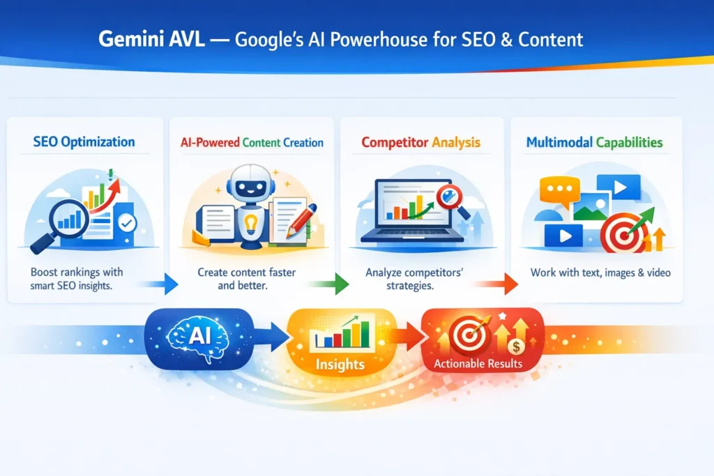 "Infographic showcasing Gemini AVL, Google’s AI suite for SEO, content creation, and competitor analysis, highlighting SEO optimization, AI content tools, competitor insights, and multimodal capabilities."