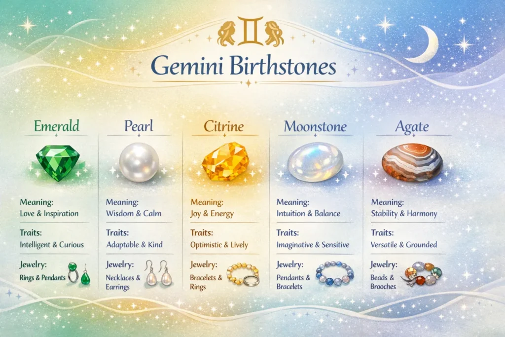 “Gemini birthstones infographic showing Emerald, Pearl, Citrine, Moonstone, and Agate with colors, meanings, personality traits, and jewelry recommendations.”