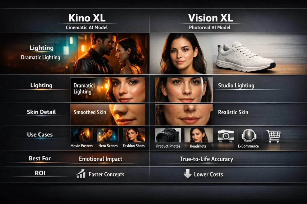 Kino XL vs Vision XL infographic comparing cinematic lighting, photorealism, skin detail, use cases, and ROI for Leonardo AI models in 2026.