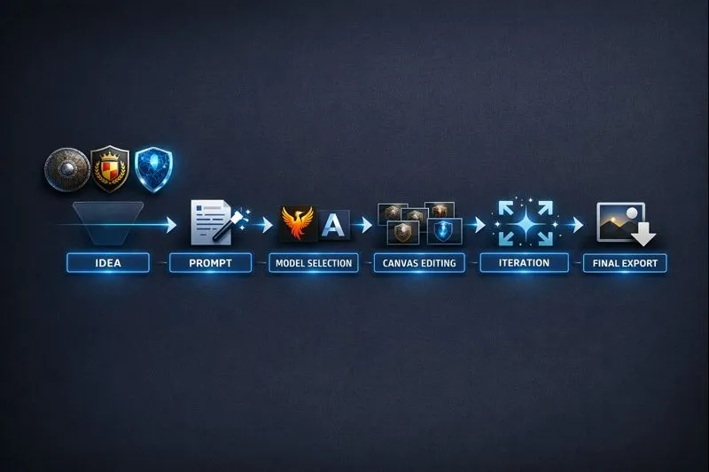 Leonardo AI Shields infographic showing the step-by-step pipeline for generating medieval, heraldic, and sci-fi shield designs using prompts, canvas editing, and Universal Upscaler.