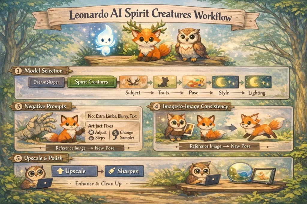 Leonardo AI Spirit Creatures workflow infographic showing prompts, models, negative prompts, image-to-image consistency, and upscaling.
