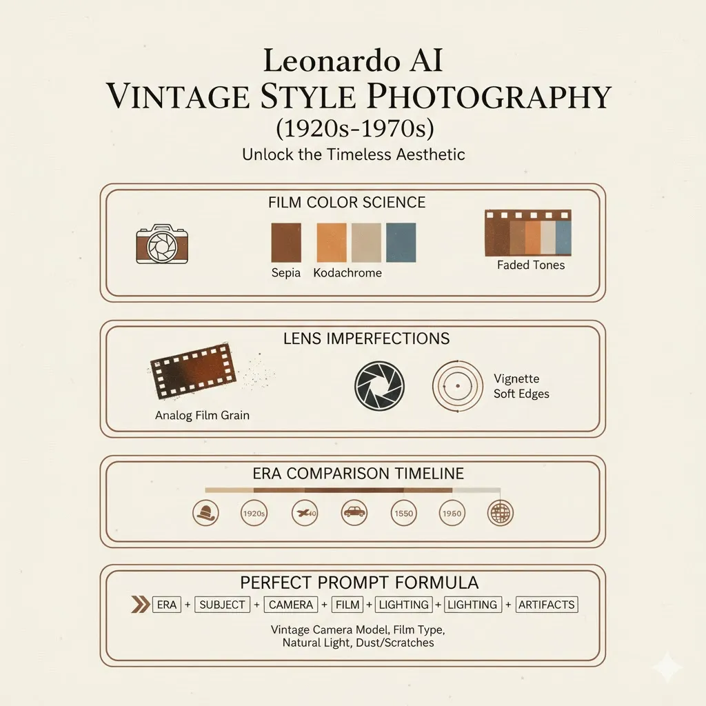 Leonardo AI vintage style photography infographic showing film grain, lens imperfections, color science, and 1920s–1970s prompt structure.
