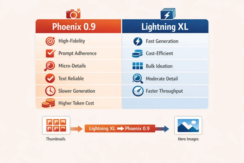 Infographic comparing Leonardo Phoenix 0.9 vs Lightning XL AI models. Highlights Phoenix 0.9 for high-fidelity, micro-details, and final asset reliability; Lightning XL for fast, cost-efficient ideation and bulk image generation.