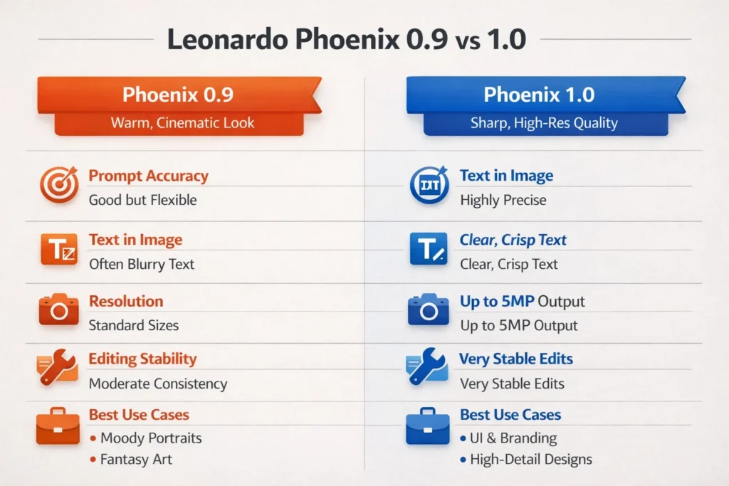  Leonardo Phoenix 1.0 vs Phoenix 0.9 infographic comparing prompt accuracy, text rendering, resolution, and best use cases.