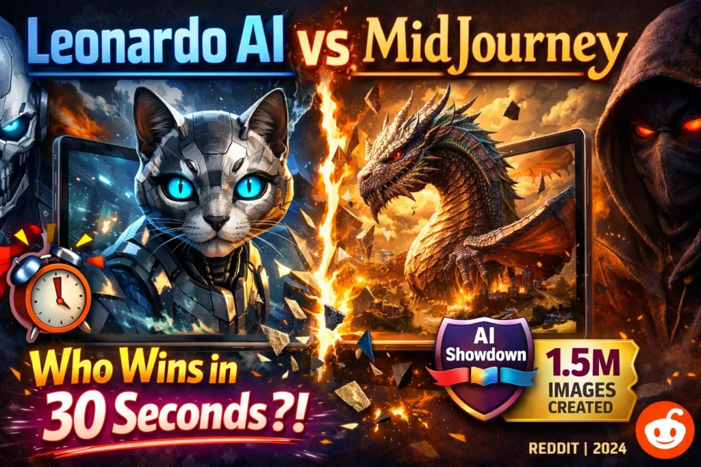Leonardo AI vs Midjourney Reddit 2026 comparison infographic showing pricing, character consistency, artistic quality, workflow differences, and feature breakdown.