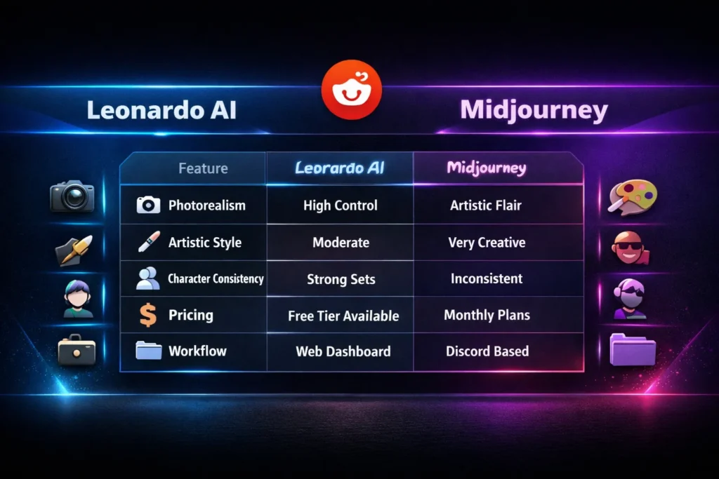 Leonardo AI vs Midjourney Reddit 2026 comparison infographic showing pricing, character consistency, artistic quality, workflow differences, and feature breakdown.