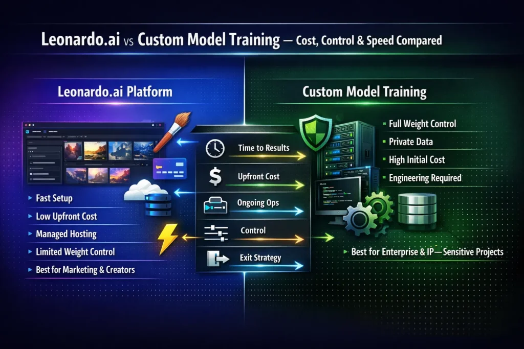 Infographic comparing Leonardo.ai platform and custom model training, highlighting differences in cost, speed, infrastructure responsibility, weight control, privacy, and best use cases for marketing teams versus enterprise AI projects.