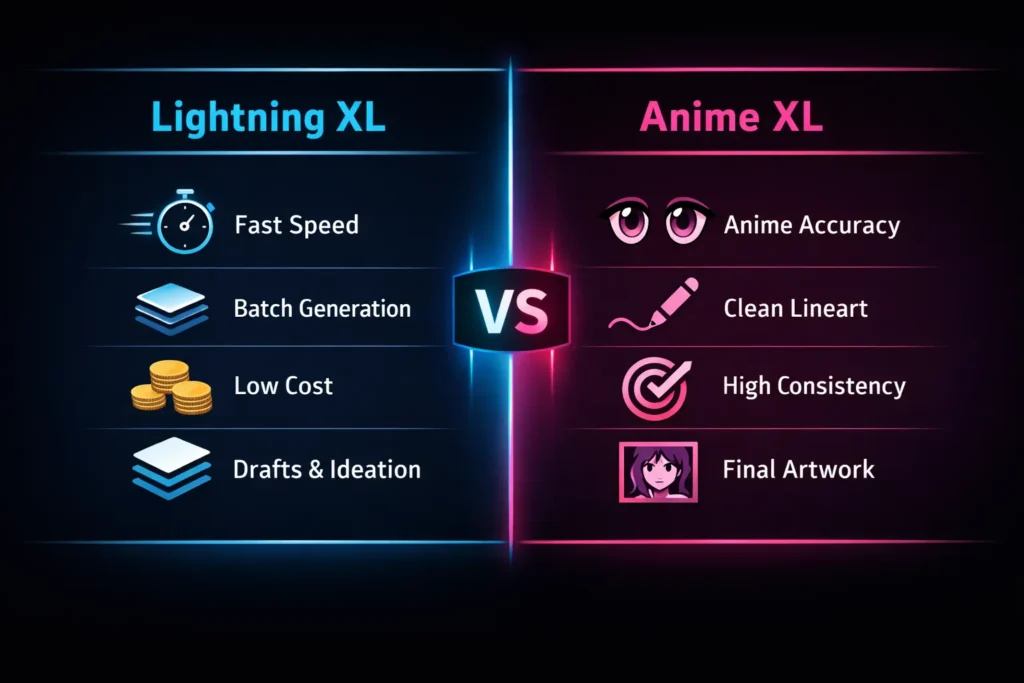 Lightning XL vs Anime XL infographic comparing speed, anime fidelity, cost, and best use cases for AI image generation in 2026.