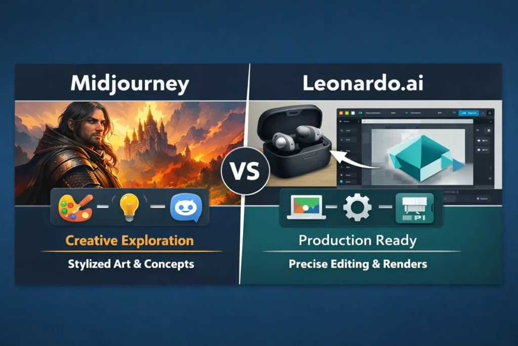 Split-screen infographic comparing Midjourney vs Leonardo.ai: Midjourney on the left with stylized fantasy art and creative Discord workflow icons; Leonardo.ai on the right with precise product renders, inpainting tools, and web canvas interface. High-resolution, visually clear infographic for marketers, designers, and developers