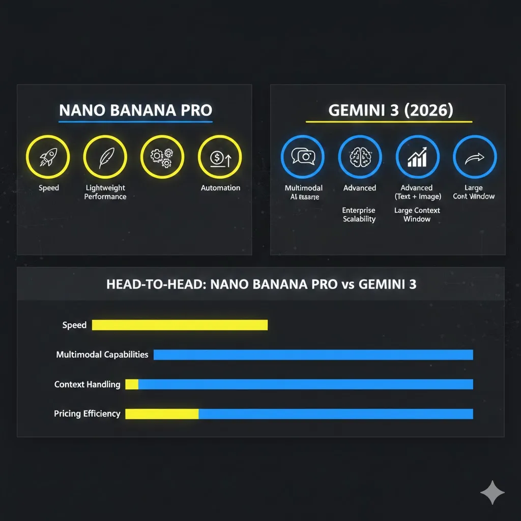 Nano Banana Pro vs Gemini 3 infographic comparing AI speed, reasoning, multimodal capabilities, context handling, and pricing efficiency in a modern SaaS dashboard design.