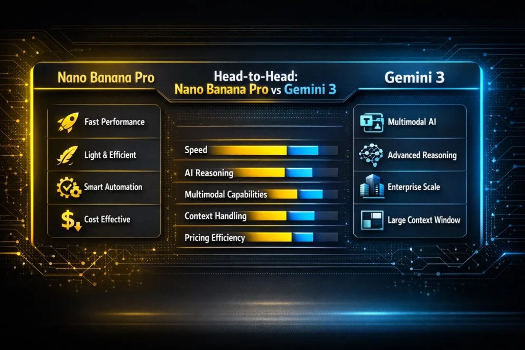 Nano Banana Pro vs Gemini 3 infographic comparing AI speed, reasoning, multimodal capabilities, context handling, and pricing efficiency in a modern SaaS dashboard design.