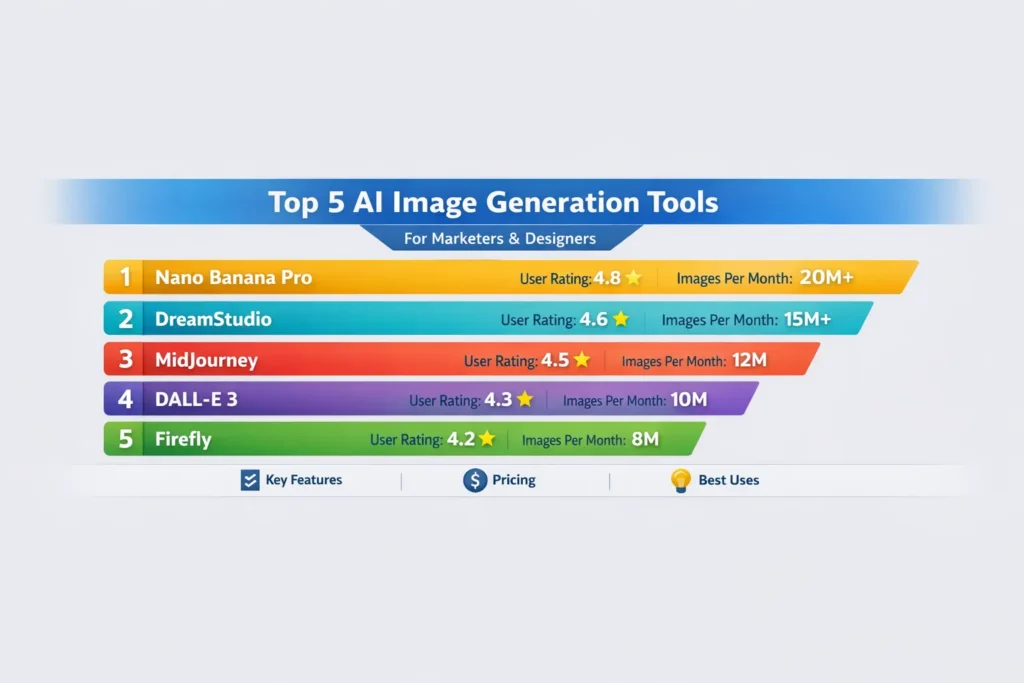 Infographic comparing the top 5 AI image generation tools for marketers and designers with labeled bars, readable stats, and modern flat design.