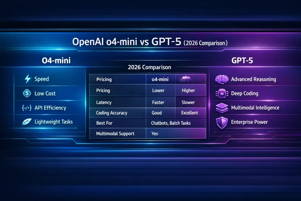 OpenAI o4-mini vs GPT-5 comparison infographic showing pricing, speed, reasoning power, coding accuracy, and best use cases in 2026.