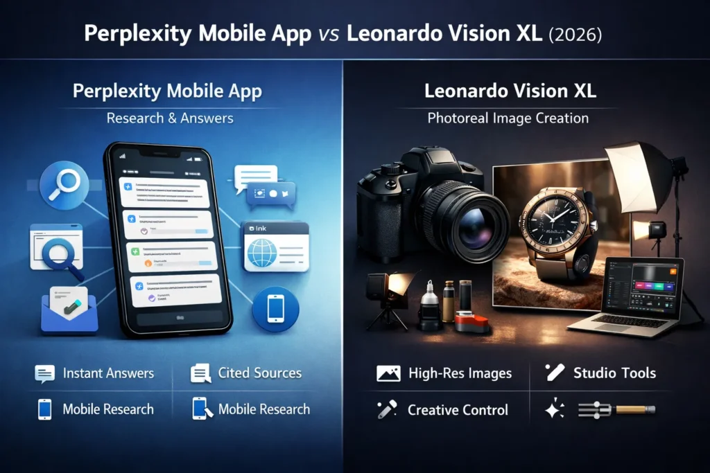Perplexity Mobile App vs Leonardo Vision XL infographic comparing an AI research tool with a photoreal image generation platform in 2026.