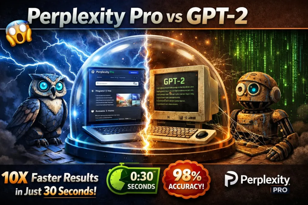 Infographic comparing Perplexity AI Pro vs OpenAI GPT-2 in 2026, highlighting live web search, citations, accuracy, hosting differences, and business use cases.