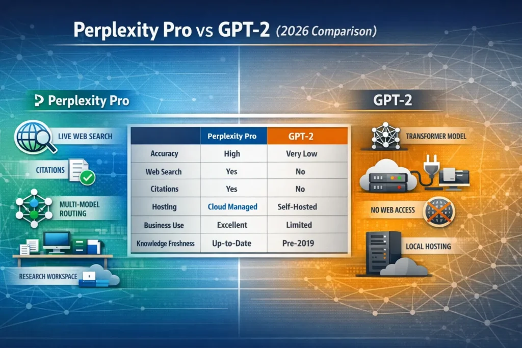 Infographic comparing Perplexity AI Pro vs OpenAI GPT-2 in 2026, highlighting live web search, citations, accuracy, hosting differences, and business use cases.