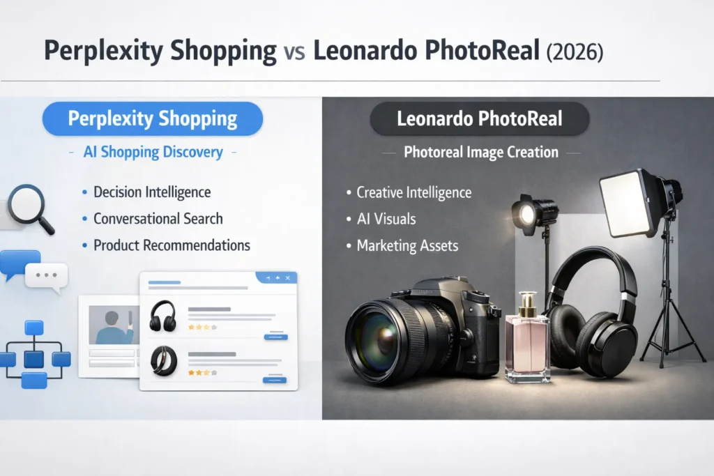 Perplexity Shopping vs Leonardo PhotoReal infographic showing AI commerce discovery compared with photoreal image creation in 2026