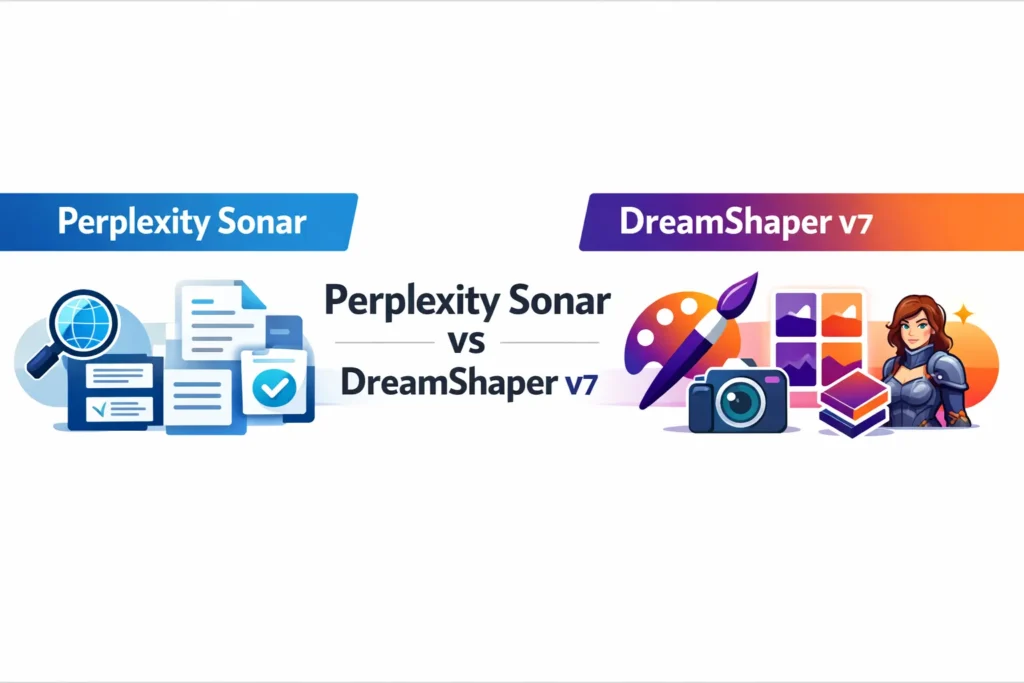 Perplexity Sonar vs Leonardo DreamShaper v7 infographic comparing AI research with citations vs AI image generation.”
