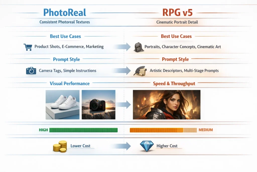 "Infographic comparing PhotoReal and RPG v5 AI image models: strengths, best uses, prompt styles, speed, cost, and visual performance in product and portrait generation."