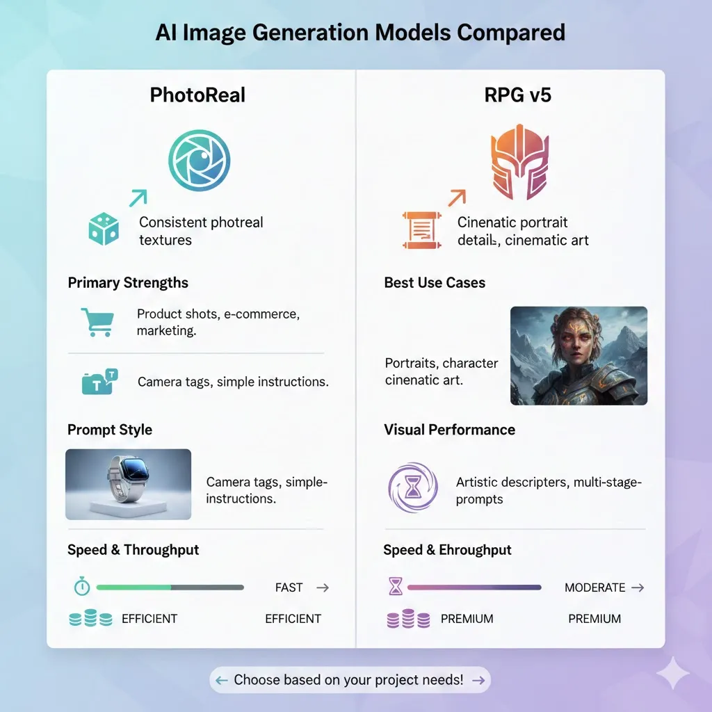 Infographic comparing PhotoReal and RPG v5 AI image models: strengths, best uses, prompt styles, speed, cost, and visual performance in product and portrait generation."