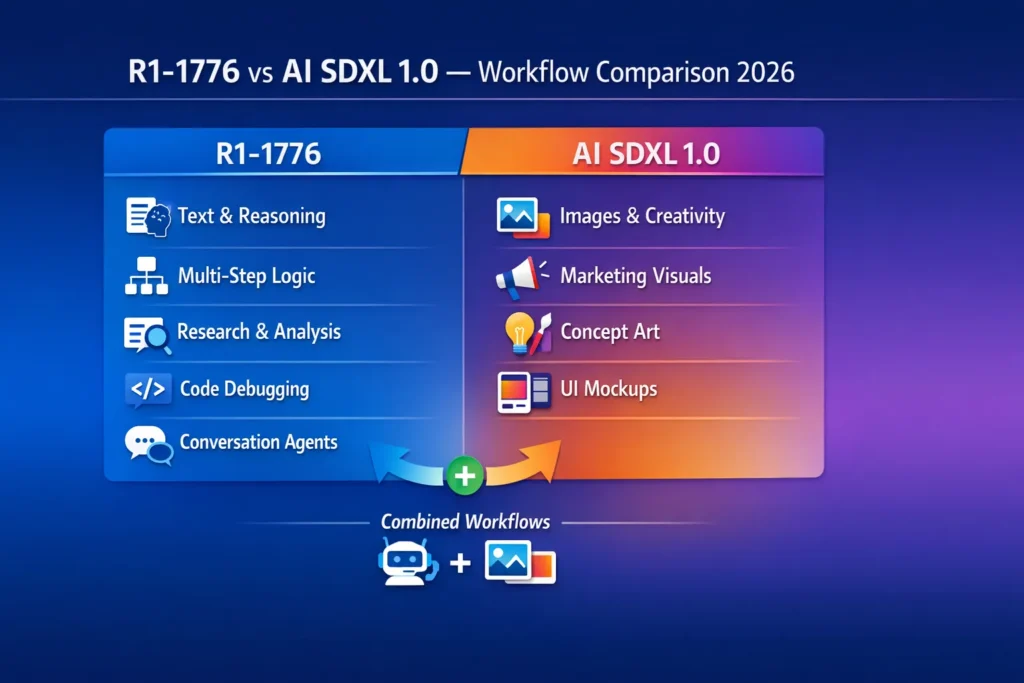 Infographic comparing R1-1776 and AI SDXL 1.0 for 2026: R1-1776 focuses on text, reasoning, research, code debugging, and conversational AI, while AI SDXL 1.0 focuses on image creation, marketing visuals, concept art, and UI mockups. Visual icons show workflow strengths and combination potential.